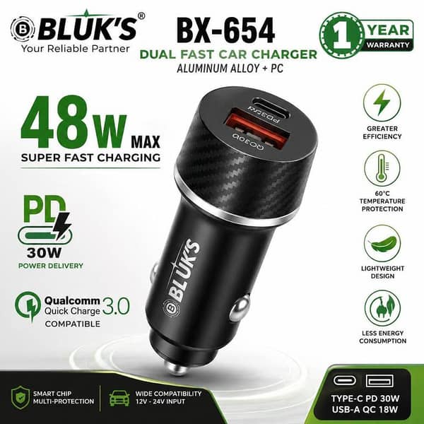BLUK'S BX-654 Dual Fast Car Charger 48W Max – PD 30W USB-C + QC 18W USB-A Super Fast Charging Adapter, Premium Aluminum Alloy & PC Construction, Smart Multi-Protection, Universal Compatibility for Smartphones, Tablets, GPS Devices & More