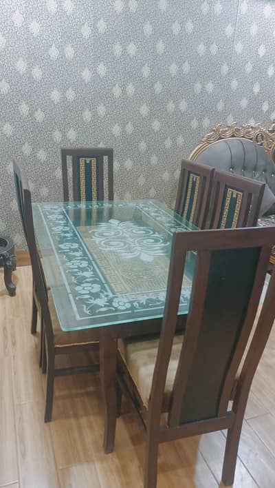 dinning table six chairs wood and mirror