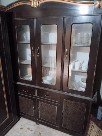 Used 3 door wooden crockery display cabinet for sale in faisalabad