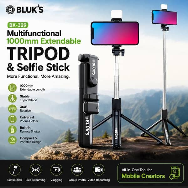BLUK’S BX-329 1000mm Extendable Tripod & Selfie Stick | Multifunctional Mobile Phone Stand | 360° Rotatable | Universal Phone Holder | Built-in Remote Shutter | Vlogging, Live Streaming & Photography