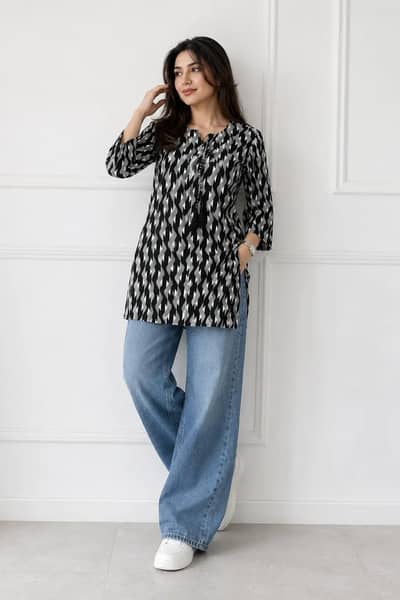 ladies stitched black block printed shirt standard size linen new 1 pc