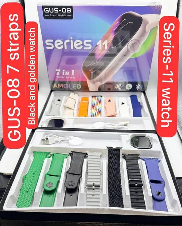 GUS-08 Smart Watch Series 11 Original AMOLED Display - 7-in-1 Combo Pack with 7 Premium Straps | All-in-One Smartwatch for iOS & Android