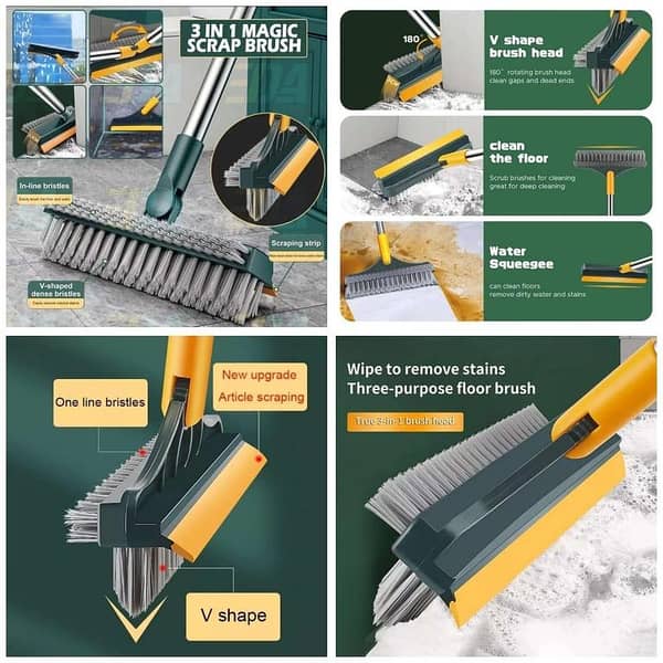 3-in-1 Cleaning Brush with Long Handle | 120° Rotatable Tile Scrub Brush with Wiper | Bathroom Floor & Wall Cleaner