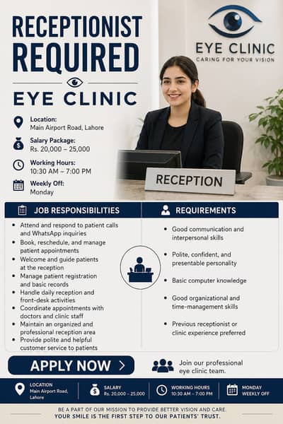 Female Receptionist Required – Eye Clinic