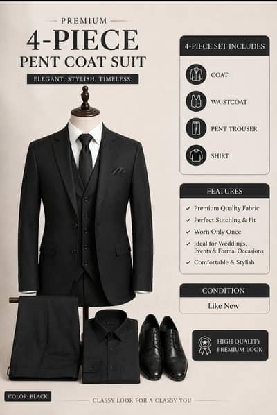 Men’s Premium 4-Piece Pent Coat Suit – Worn Once