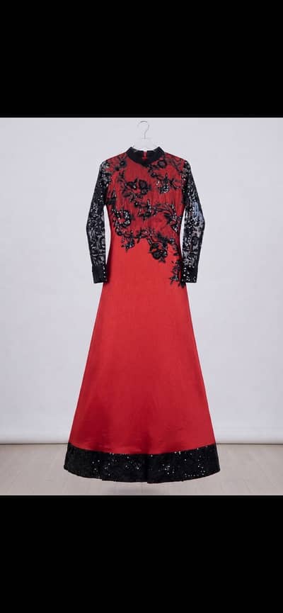 Red & Black Embroidered Long Maxi Frock – One Time Used