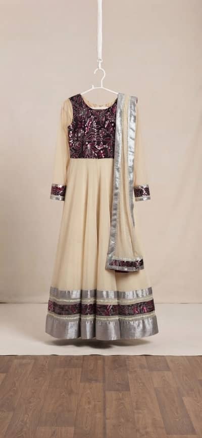 Cream & Maroon Soft Net Long Frock