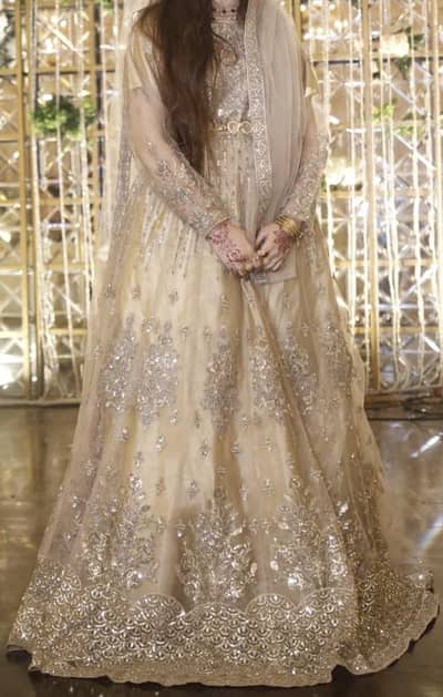 Luxury Gold Embroidered Maxi Dress | Wedding & Party Wear 1time used