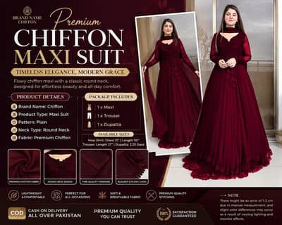 Premium Chiffon Maxi Suit | Elegant Maroon | 3-Piece Luxury Dre