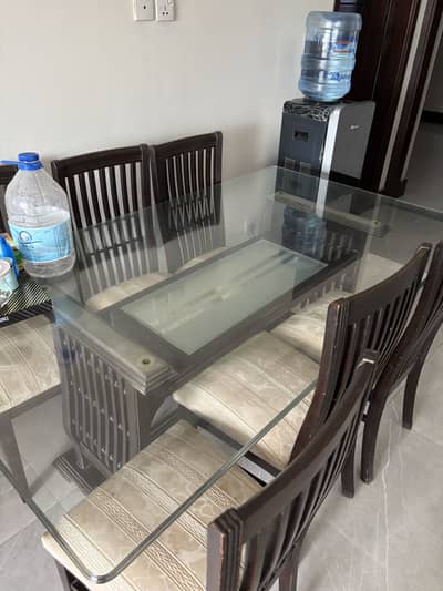 6 Seater Dining Table Set with Heavy Glass Top – Good Condition