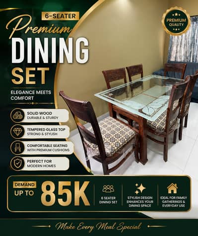 Solid Wood 6 Seater  Dining Table Set With Glass Top / Centre Table