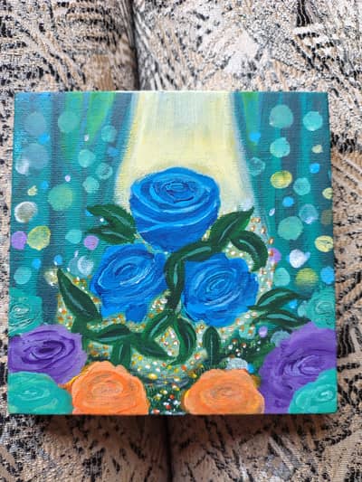 4 × 4 canvas, freshly painted floral abstract art.
