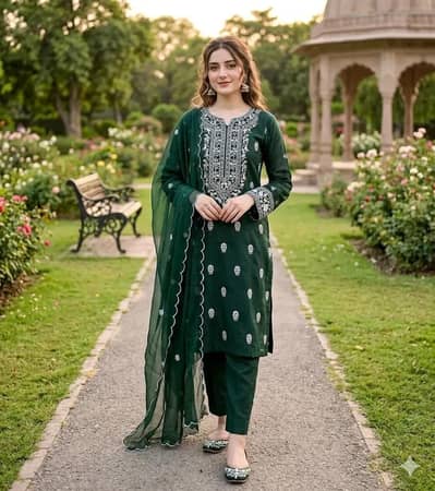 ​Brand New Green Chikankari Lawn 3-Piece Suit - Cash On Delivery