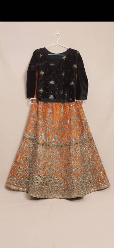 Green Organza Kurti with Orange Embroidered lenga
