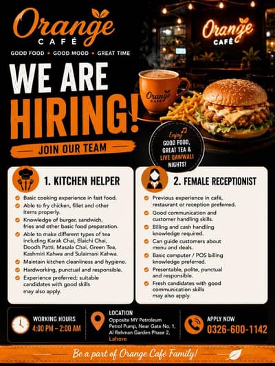 Hiring Kitchen Helper & Receptionist