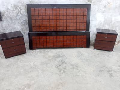 wooden bed with side tables