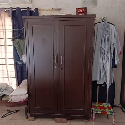 2-Door Dark Brown Wooden Almari / Wardrobe with Lock & Keys
