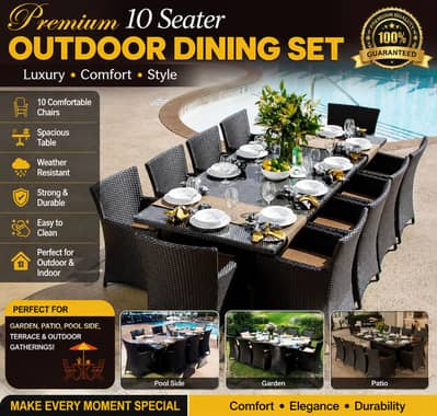 Premium 10 Seater Outdoor Dining Set | Stylish Wicker/Rattan Table