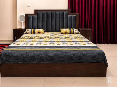 low profile bed with two side tables
