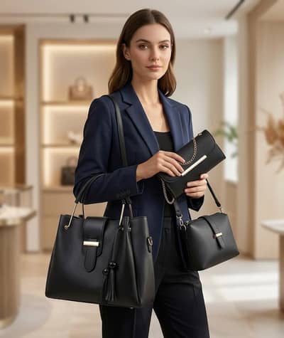 Premium Quality 3-Piece Black Leather Handbag Set for Women