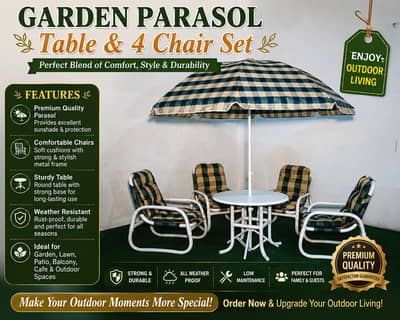 Premium Outdoor Garden Dining Set | 4 Comfortable Chairs + Table + Umb