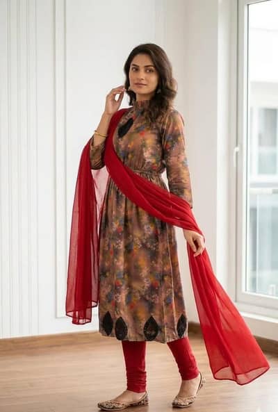 Pakistani Printed Kurta Set with Red Shawl