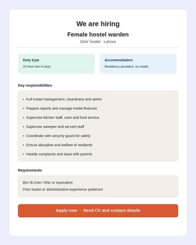 Experienced Female Hostel Warden – Girls' Hostel