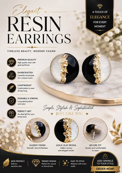  Elegant Handmade Resin Earrings – Black, Pearl & Gold 