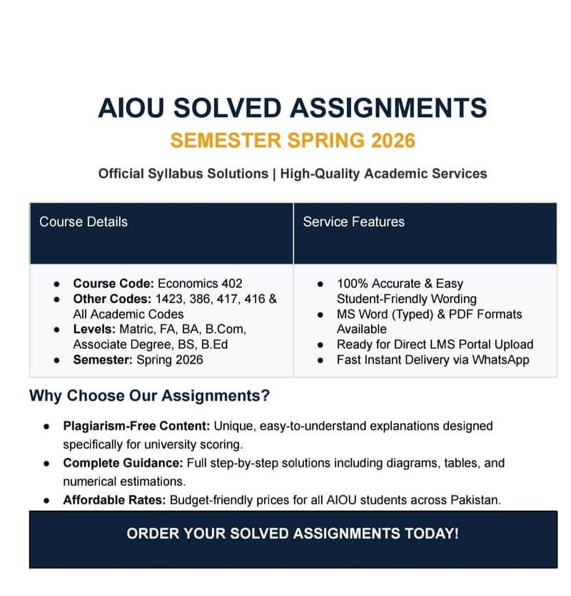 AIOU Solved Assignments Spring 2026 - Code 402 & All BA/BS Codes 0