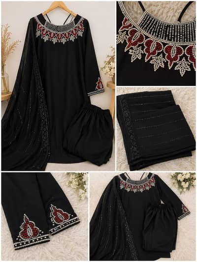 beautiful black 3 pice embroidery suite elegant party wear with dubata