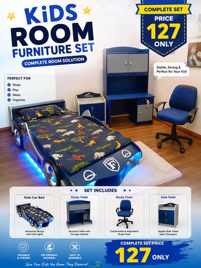 Premium Kids Room Furniture Set – Car Bed, Study Table, Chair & Side