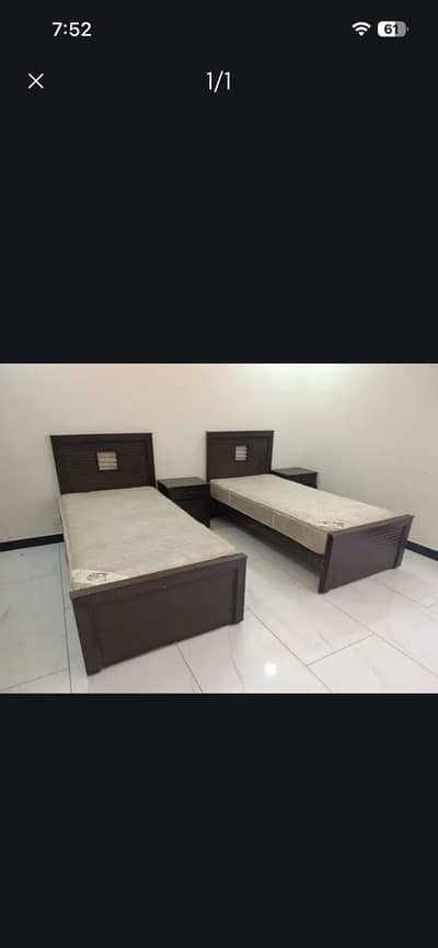 2 single beds with mattress, side tables and dressing table
