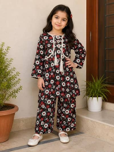 2 pcs girl stitched  cotton printed frock