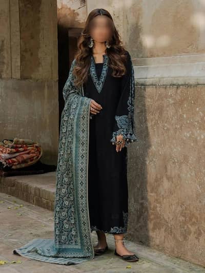 black Embroidered lawn shirt and blue digital dupatta