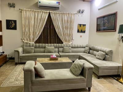 L shaped luxury 9 seater sofa set with chairs and table