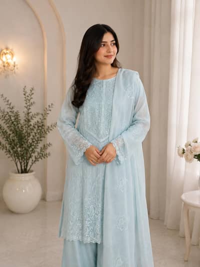 New Stitched Light Blue Embroidered 3-Piece Suit with Dupatta
