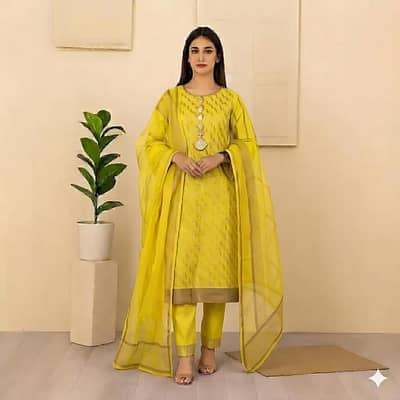 Yellow embroidered 3 piece lawn organza suit