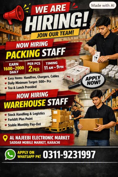 Accessories Packing & Warehouse Staff Required – Karachi
