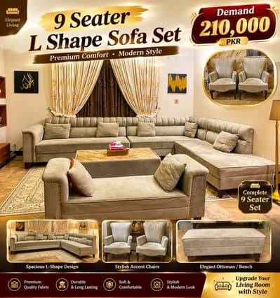 Premium 9 Seater L-Shape Sofa Set + 2 Bedroom Chairs - Modern Design