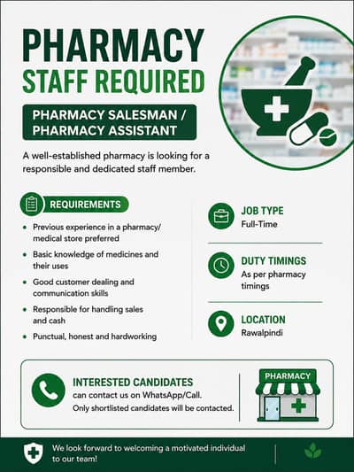 Pharmacy Salesman / Pharmacy Assistant Required