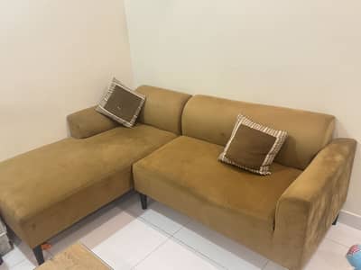 Habitt L-shaped Corner Sofa | Mustard velvet Fabric | 6 Seater
