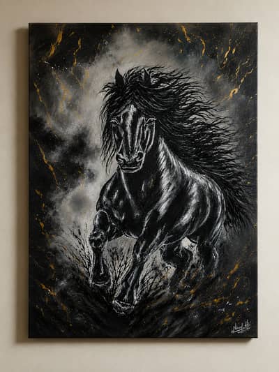 Handmade Black & Gold Stallion Horse Canvas Painting