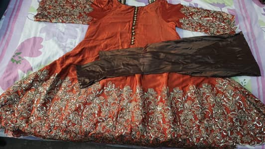 Orange Silk Embroidered Frock with Churidar – Medium