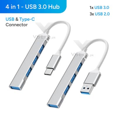 4-in-1 USB 3.0 Hub - with USB & Type-C Connector Choice