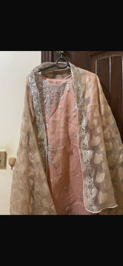 Peach Embroidered 3 Piece Formal Dress - Net Dupatta