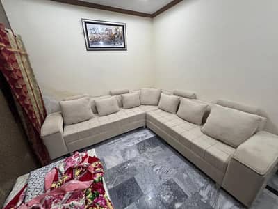 7 seater L shape sofa beige color   with solid wood