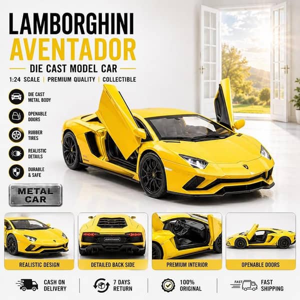 1:24 Die-Cast Metal Sports Car Model Set: Bugatti Chiron, Lamborghini Aventador, Ferrari 488 GTB, Toyota GR Supra – Pull-Back, Openable Doors
