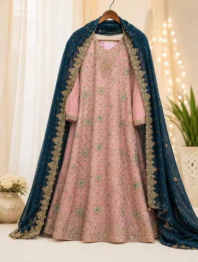 “Beautiful Pink Embroidered Party Wear Dress with zinc Dupatta”