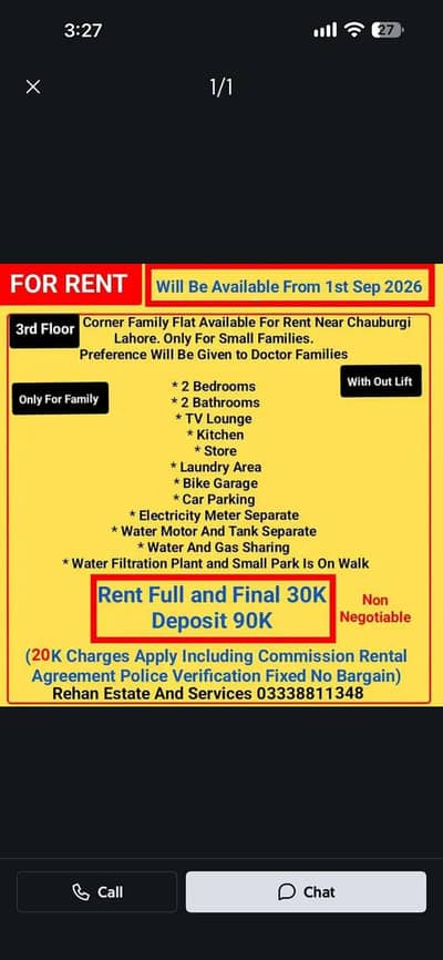 3Marla Corner Family Flat For Rent Near Chauburgi