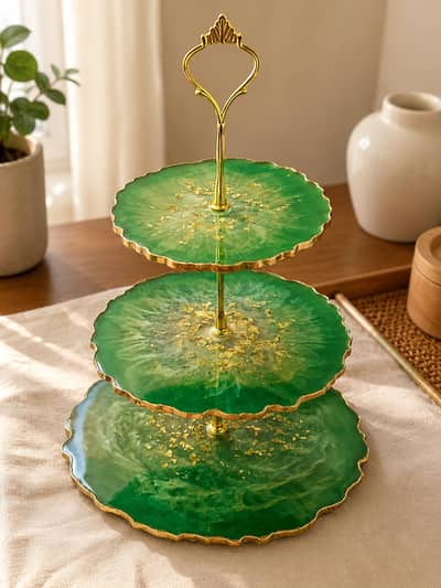 3 Tier Handmade Resin Serving Tray – Green & Gold